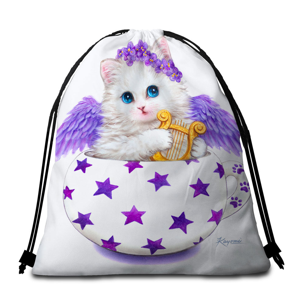 Cat Art Drawings the Cup Kitty Harp Angel Packable Beach Towel