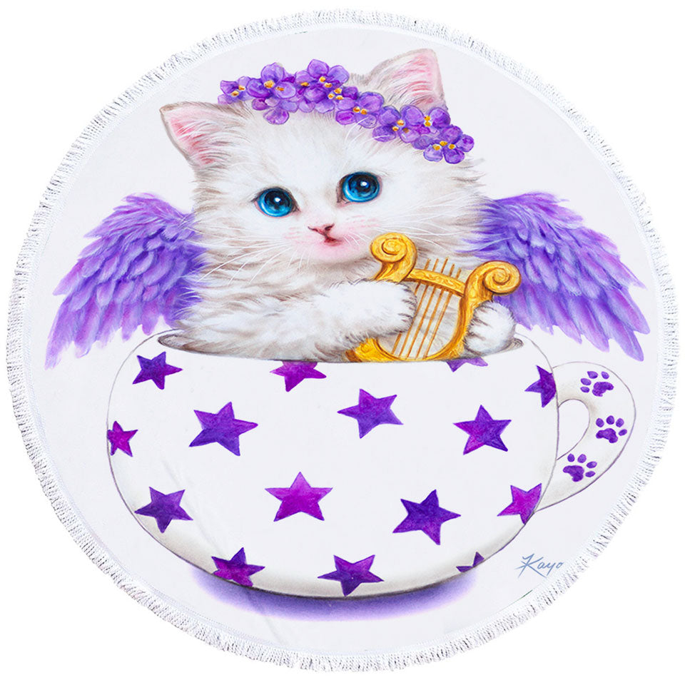 Cat Art Drawings the Cup Kitty Harp Angel Round Beach Towel