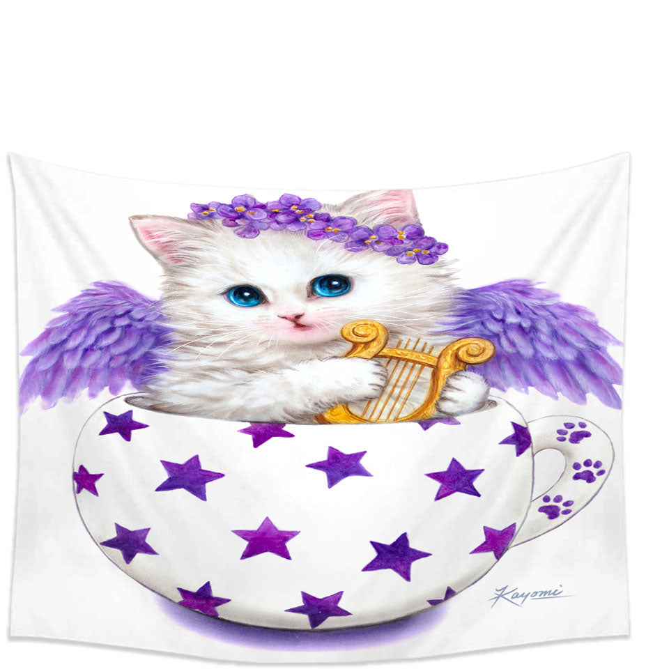 Cat Art Drawings the Cup Kitty Harp Angel Tapestry