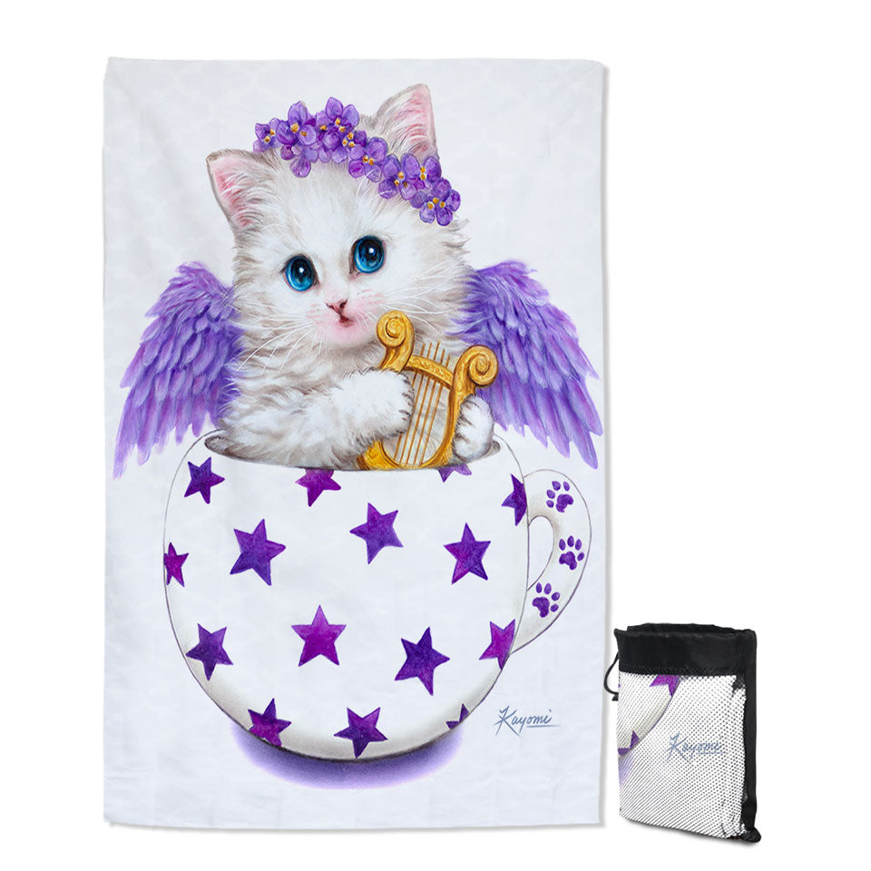 Cat Art Drawings the Cup Kitty Harp Angel Thin beach Towels