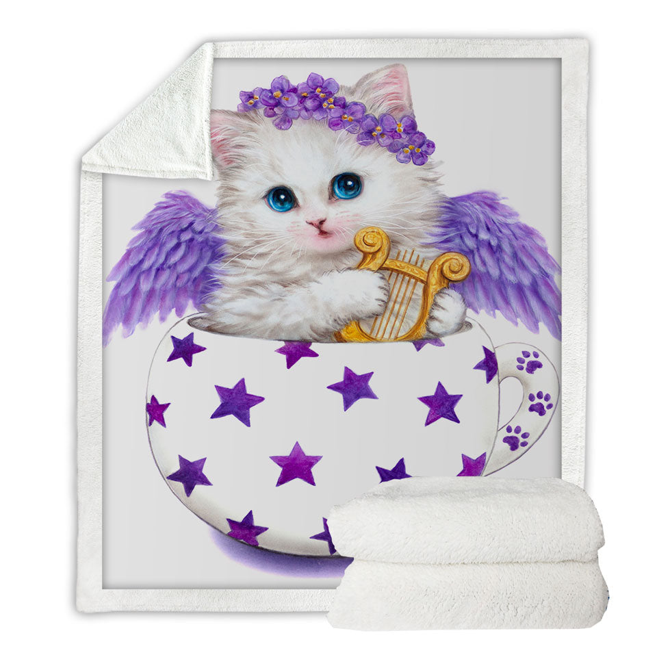 Cat Art Drawings the Cup Kitty Harp Angel Throw Blanket