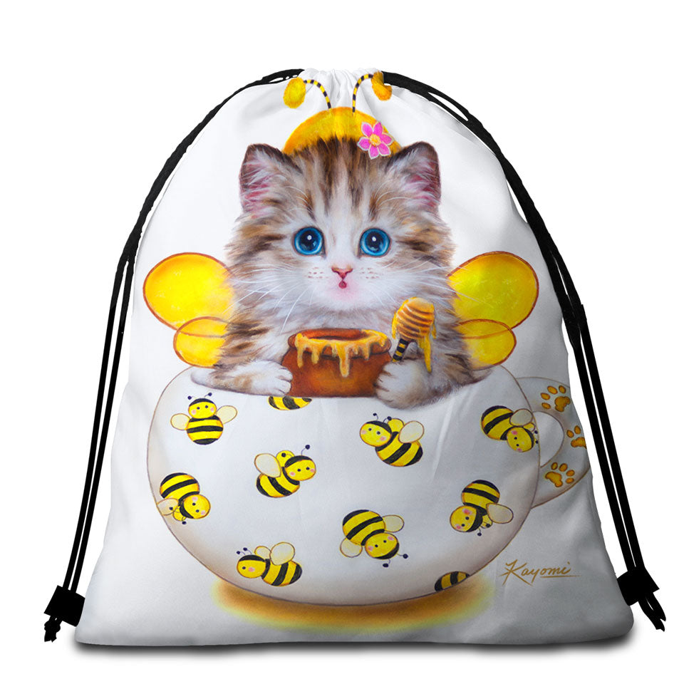 Cat Art Drawings the Cute Cup Kitty Bee Beach Towel Pack