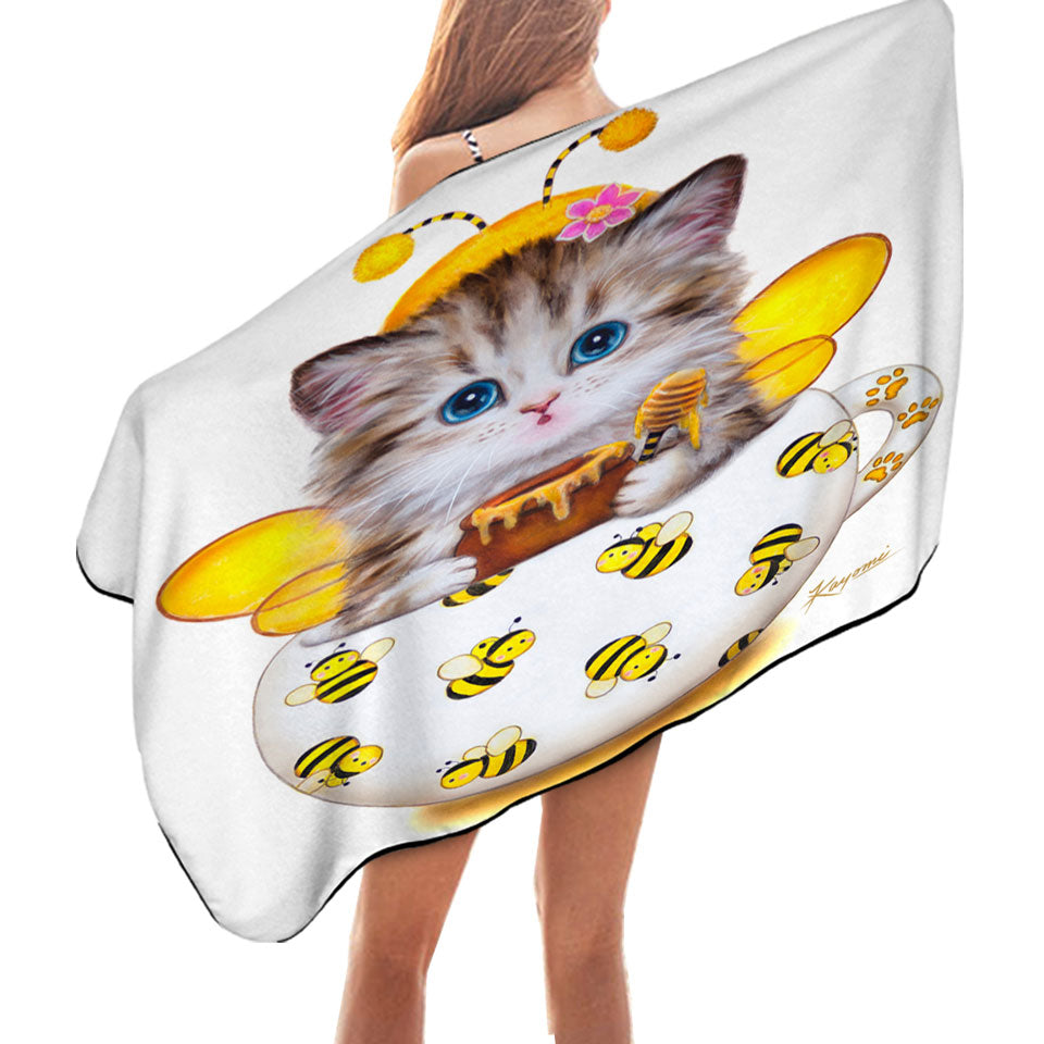 Cat Art Drawings the Cute Cup Kitty Bee Beach Towel