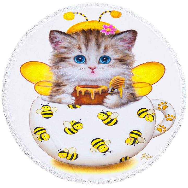 Cat Art Drawings the Cute Cup Kitty Bee Circle Beach Towel