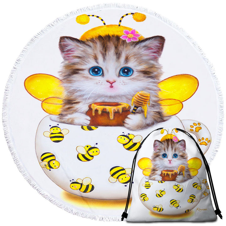Cat Art Drawings the Cute Cup Kitty Bee Round Beach Towel