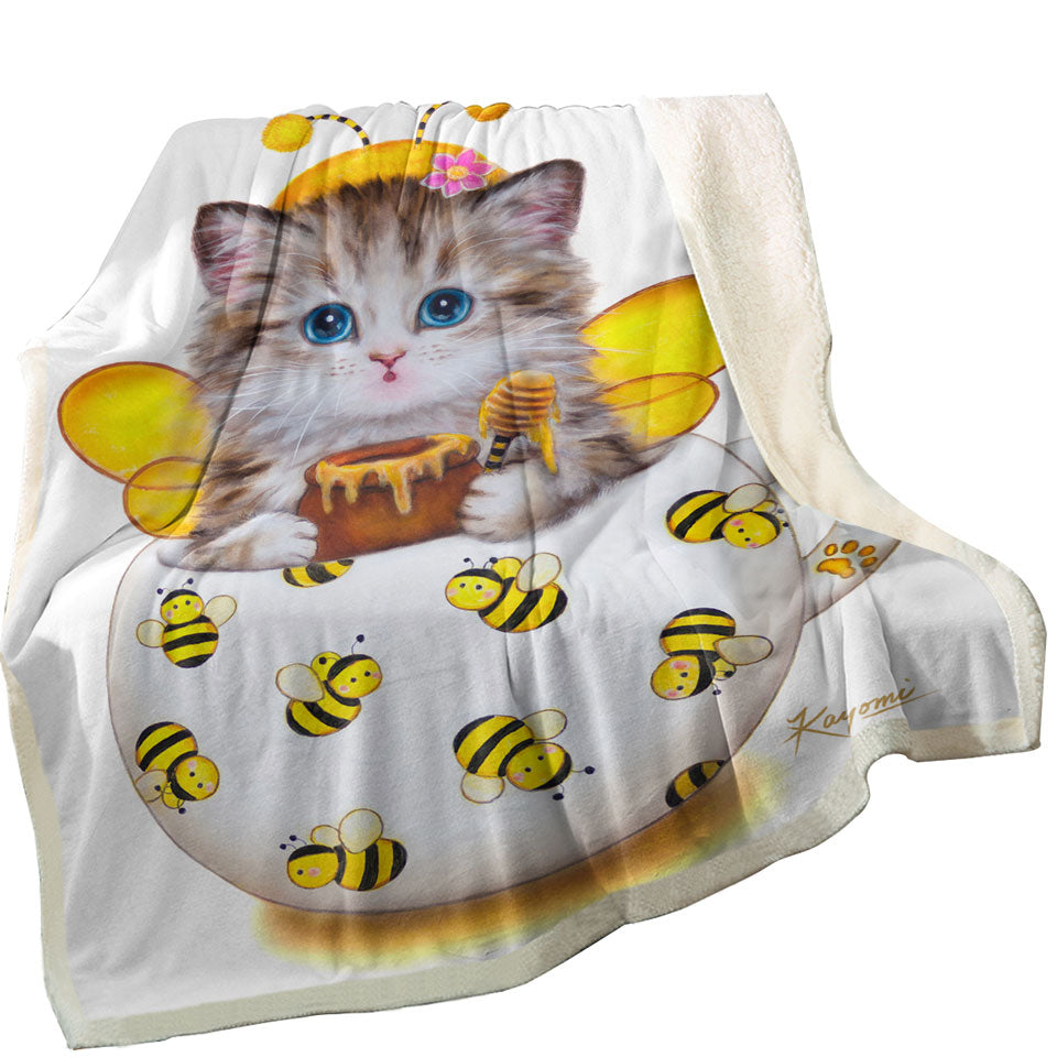 Cat Art Drawings the Cute Cup Kitty Bee Throw Blanket