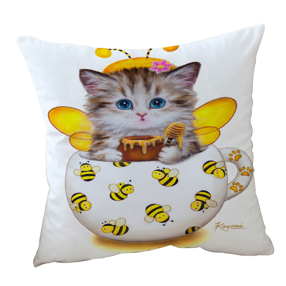 Cat Art Drawings the Cute Cup Kitty Bee Throw Pillow