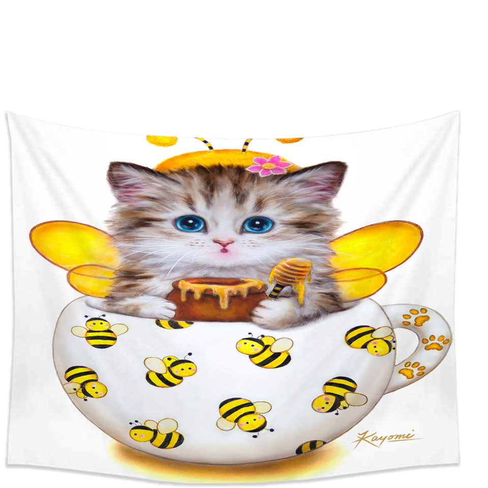 Cat Art Drawings the Cute Cup Kitty Bee Wall Decor