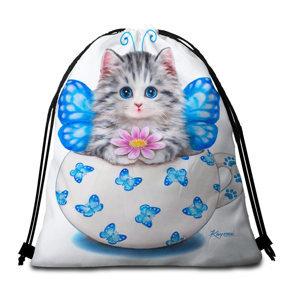 Cat Art Drawings the Cute Cup Kitty Butterfly Beach Towel Bags