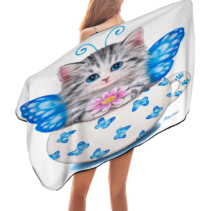 Cat Art Drawings the Cute Cup Kitty Butterfly Beach Towels