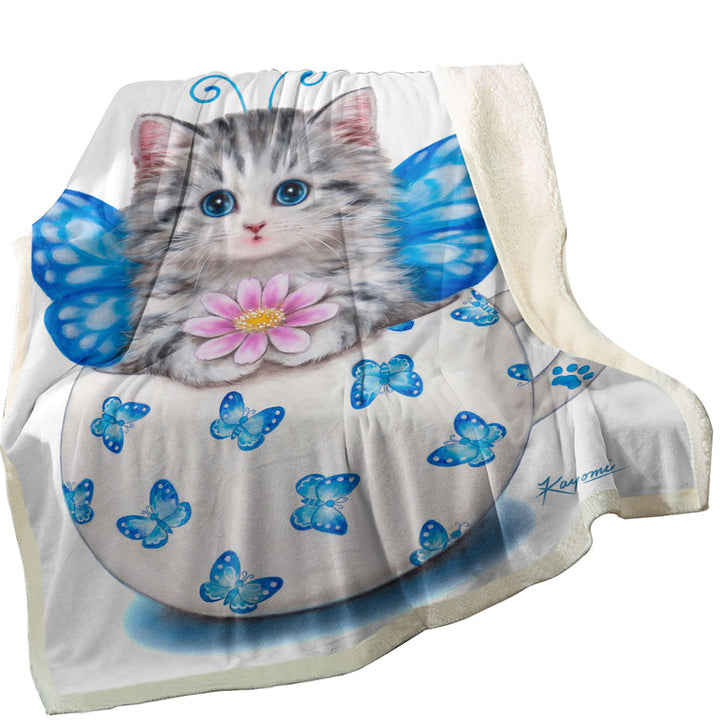 Cat Art Drawings the Cute Cup Kitty Butterfly Fleece Blankets
