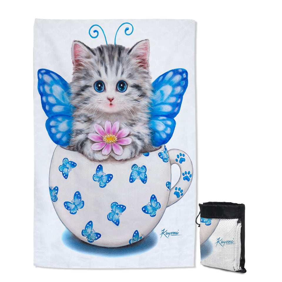 Cat Art Drawings the Cute Cup Kitty Butterfly Lightweight Beach Towel