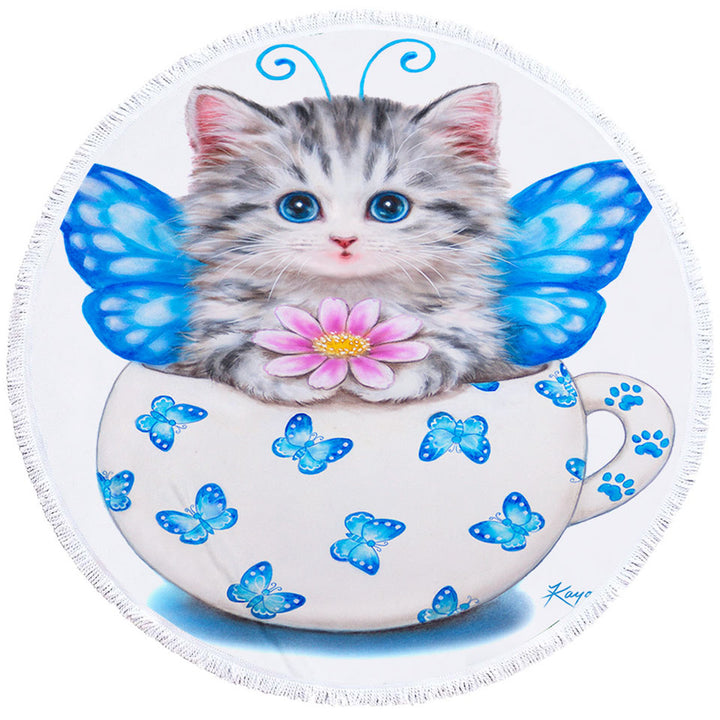 Cat Art Drawings the Cute Cup Kitty Butterfly Round Beach Towel