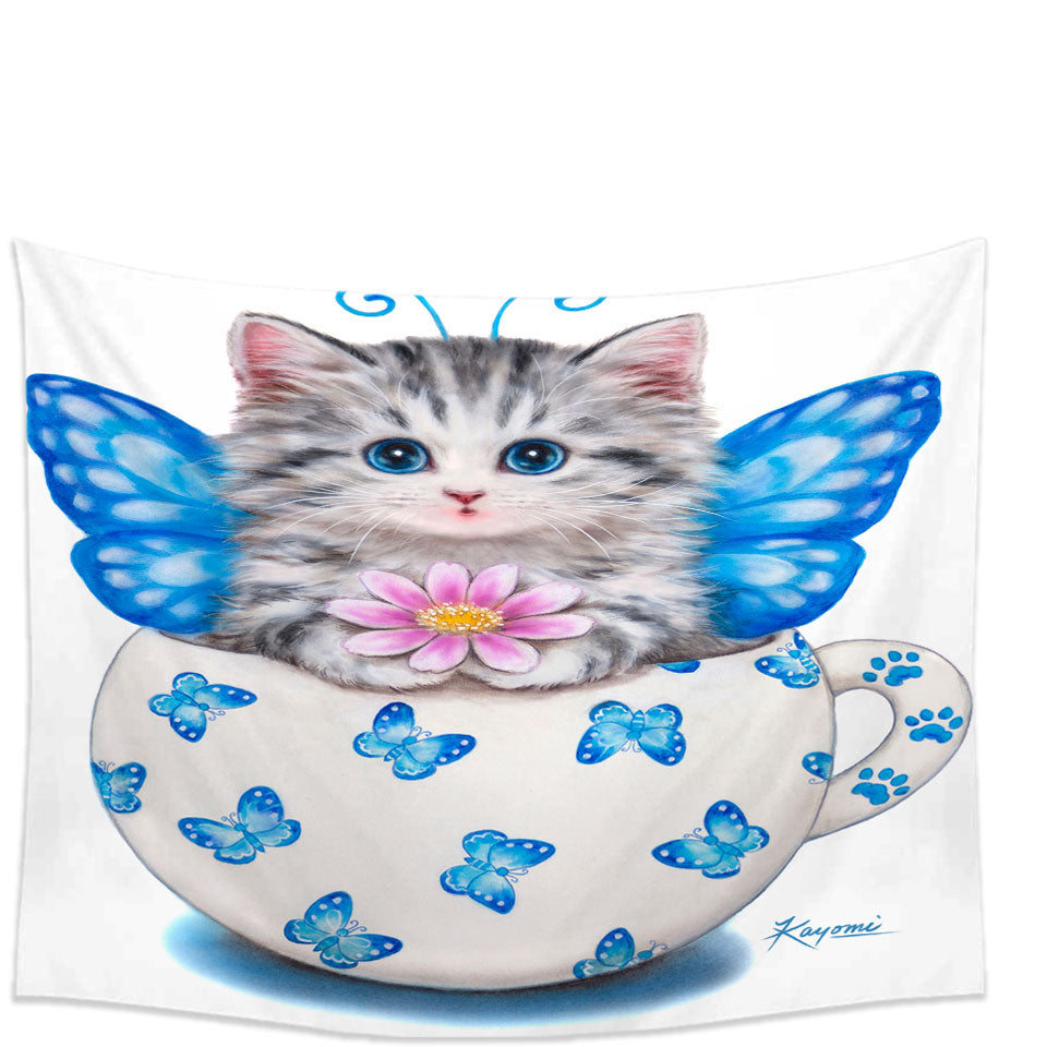Cat Art Drawings the Cute Cup Kitty Butterfly Tapestry Wall Decor