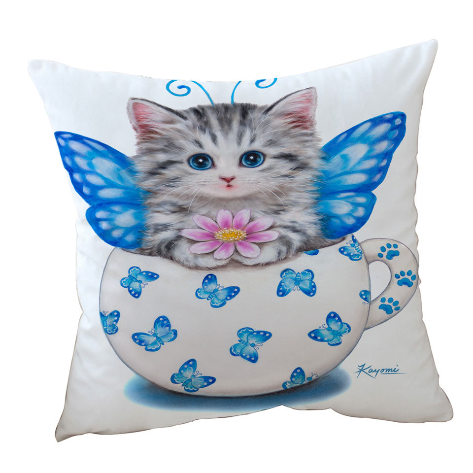Cat Art Drawings the Cute Cup Kitty Butterfly Throw Pillows