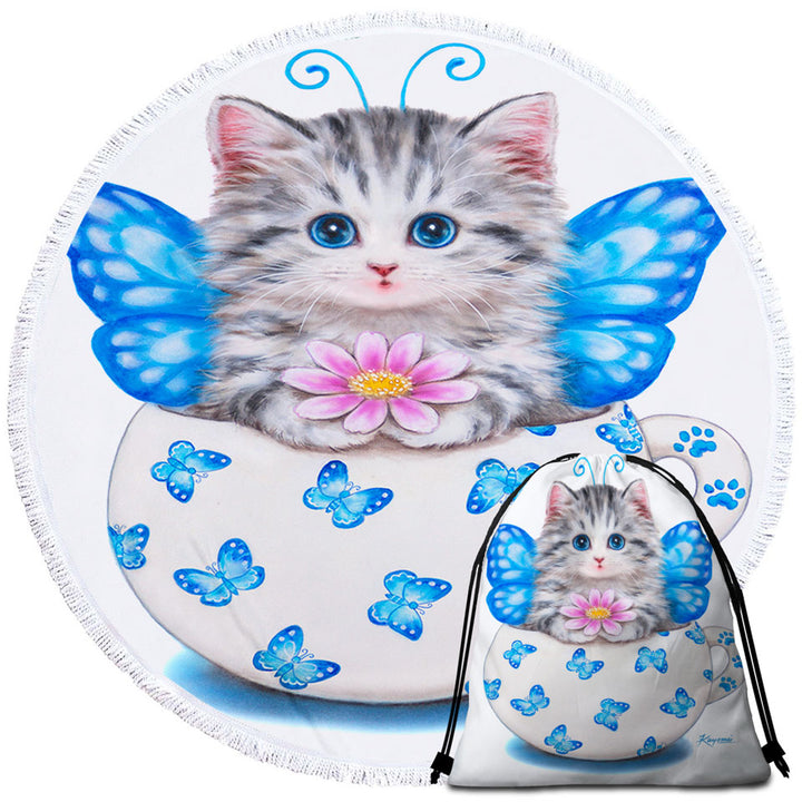 Cat Art Drawings the Cute Cup Kitty Butterfly Travel Beach Towel