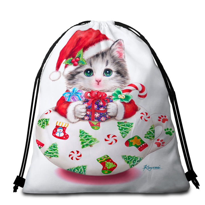 Cat Art Drawings the Cute Cup Kitty Christmas Beach Towel Bags