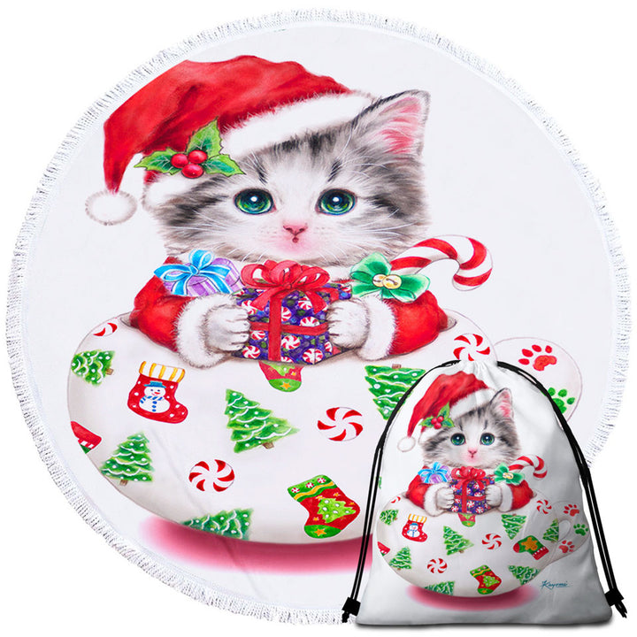 Cat Art Drawings the Cute Cup Kitty Christmas Circle Beach Towel
