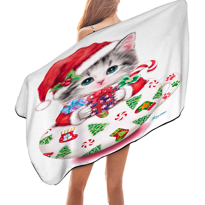 Cat Art Drawings the Cute Cup Kitty Christmas Microfiber Beach Towel