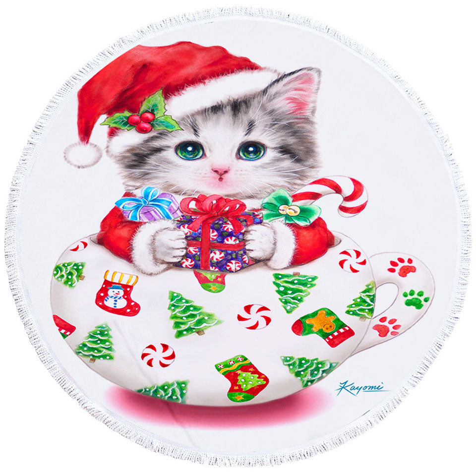 Cat Art Drawings the Cute Cup Kitty Christmas Round Beach Towel