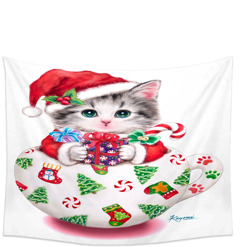 Cat Art Drawings the Cute Cup Kitty Christmas Wall Decor Tapestry Prints