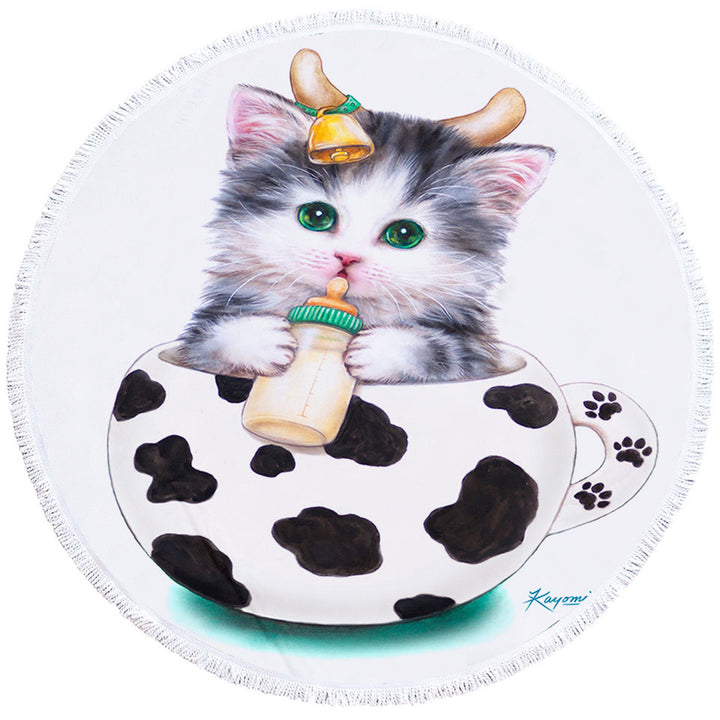 Cat Art Drawings the Cute Cup Kitty Cow Beach Towels