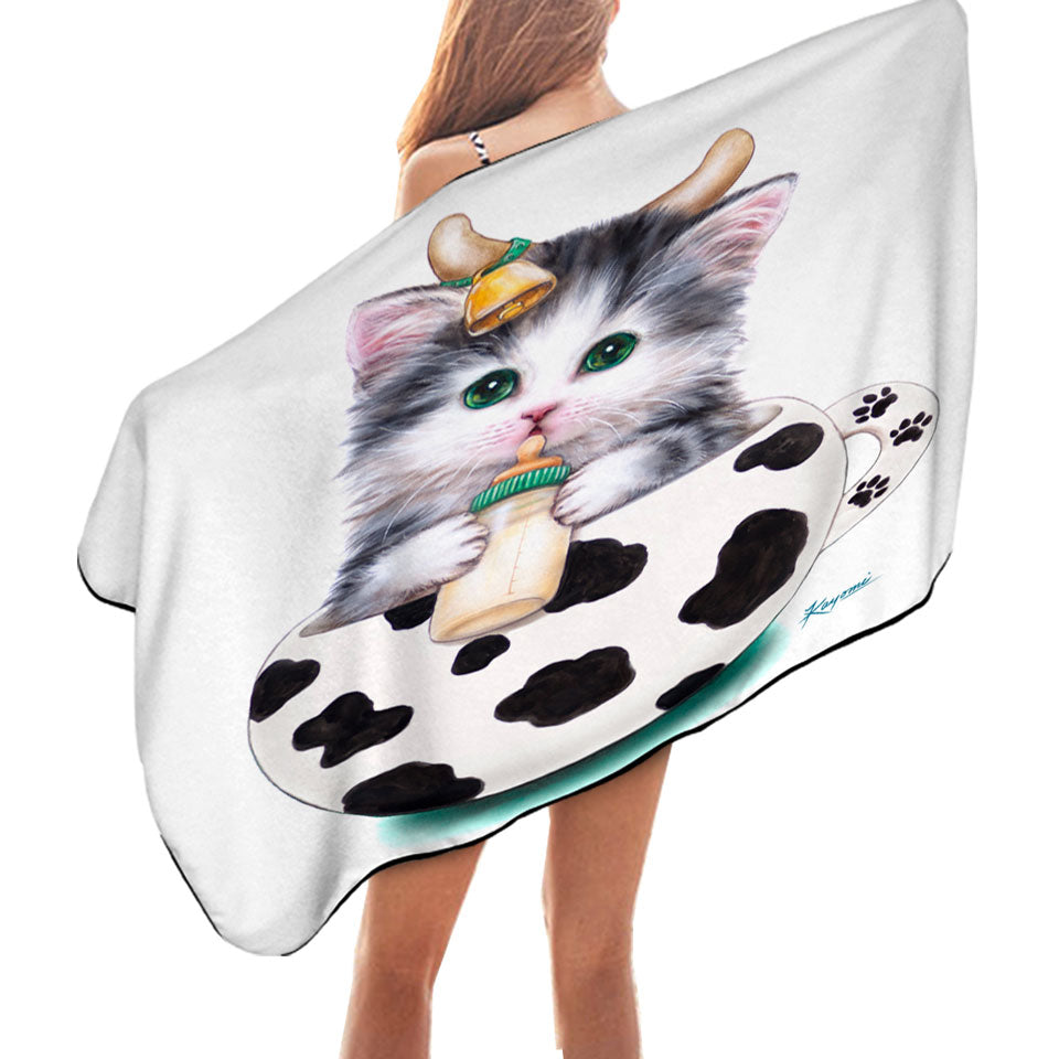 Cat Art Drawings the Cute Cup Kitty Cow Beach and Pool Towels