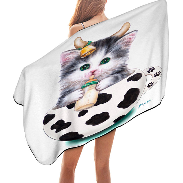 Cat Art Drawings the Cute Cup Kitty Cow Beach and Pool Towels