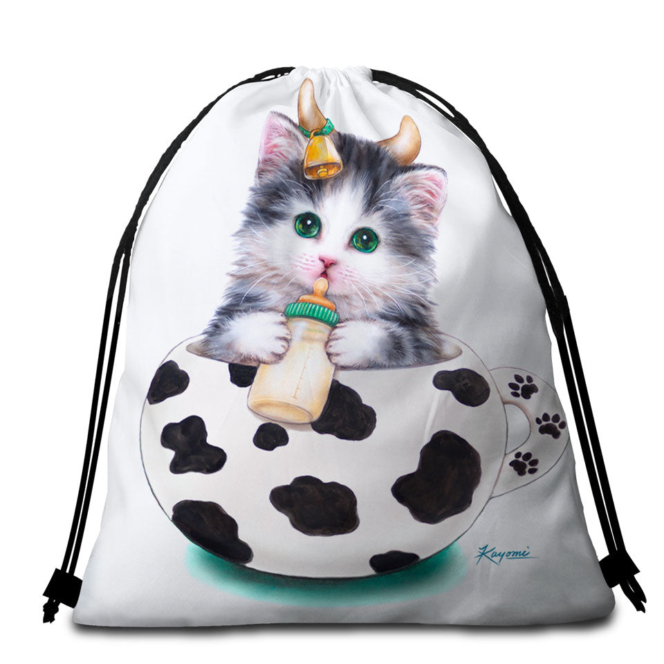 Cat Art Drawings the Cute Cup Kitty Cow Packable Beach Towel