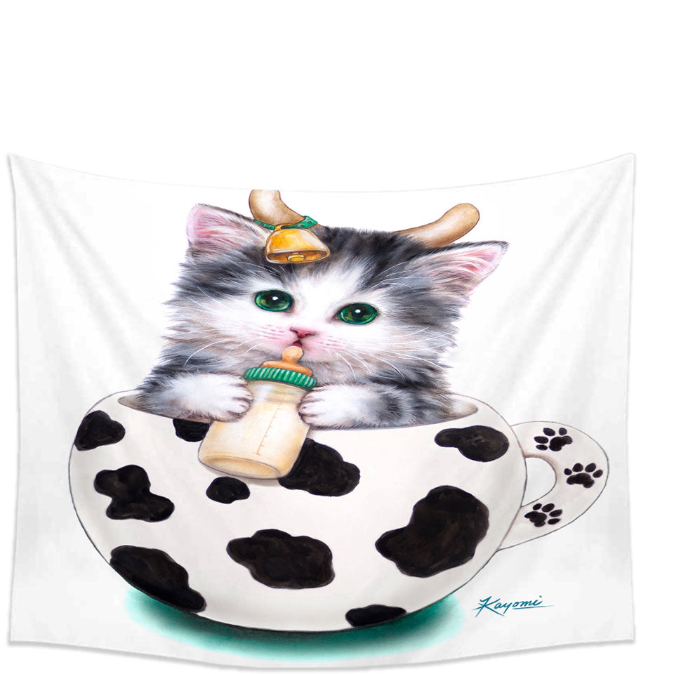 Cat Art Drawings the Cute Cup Kitty Cow Tapestry