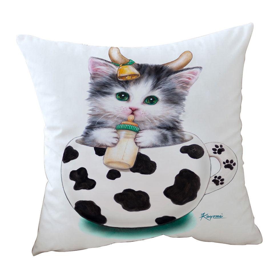Cat Art Drawings the Cute Cup Kitty Cow Throw Pillow