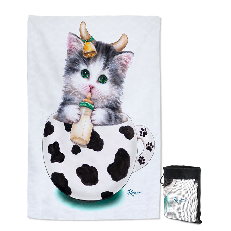 Cat Art Drawings the Cute Cup Kitty Cow Travel Beach Towel