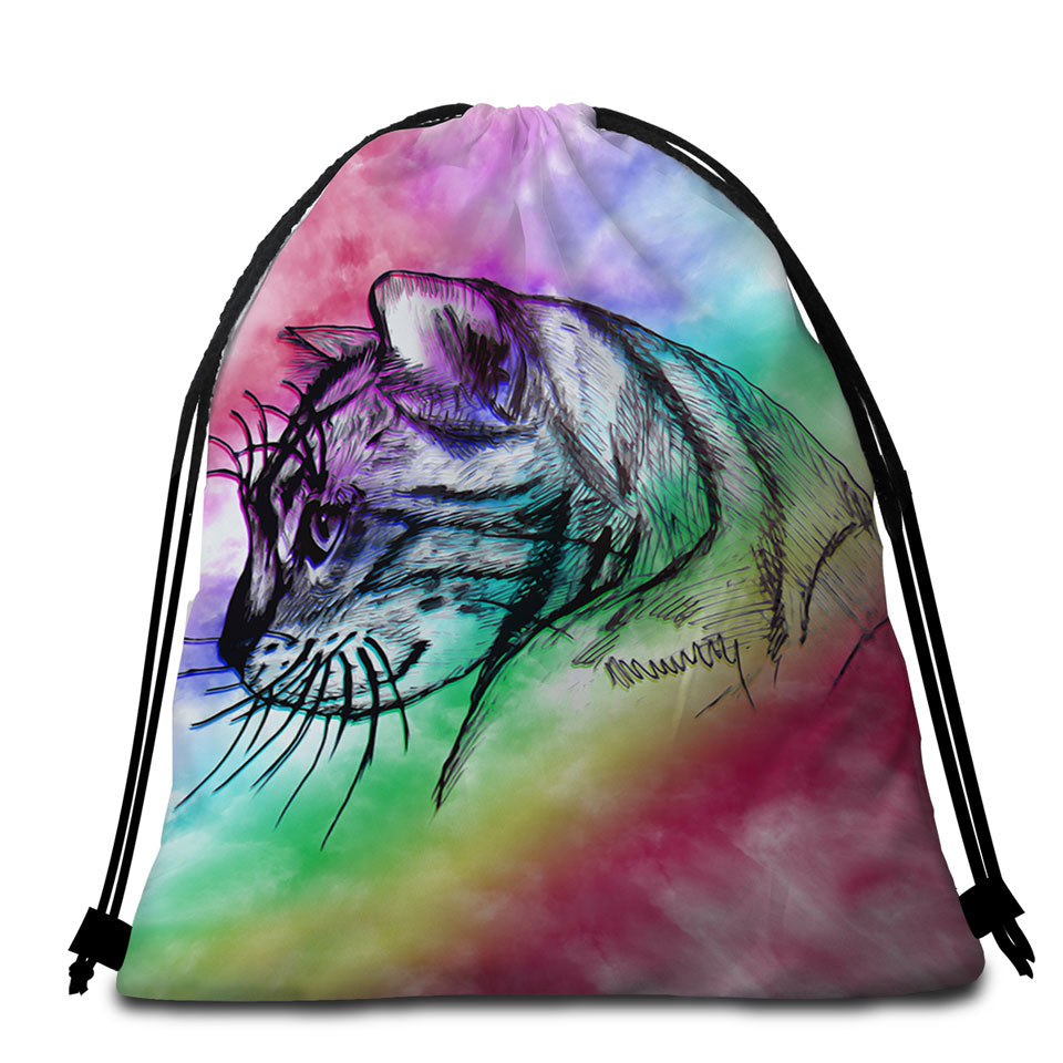 Cat Beach Bags and Towels Art Cat Drawing over Rainbow Fog