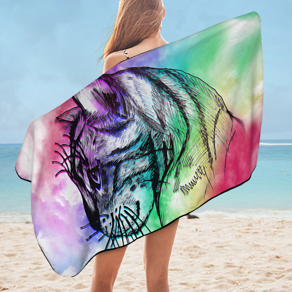 Cat Beach Towel Art Cat Drawing over Rainbow Fog