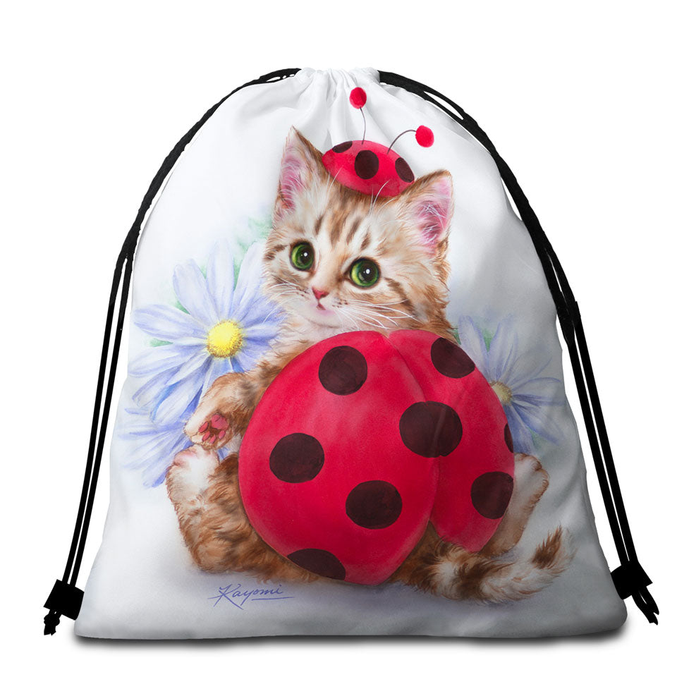 Cat Beach Towel Bags for Kids Daisy Flowers and Ladybug Kitten