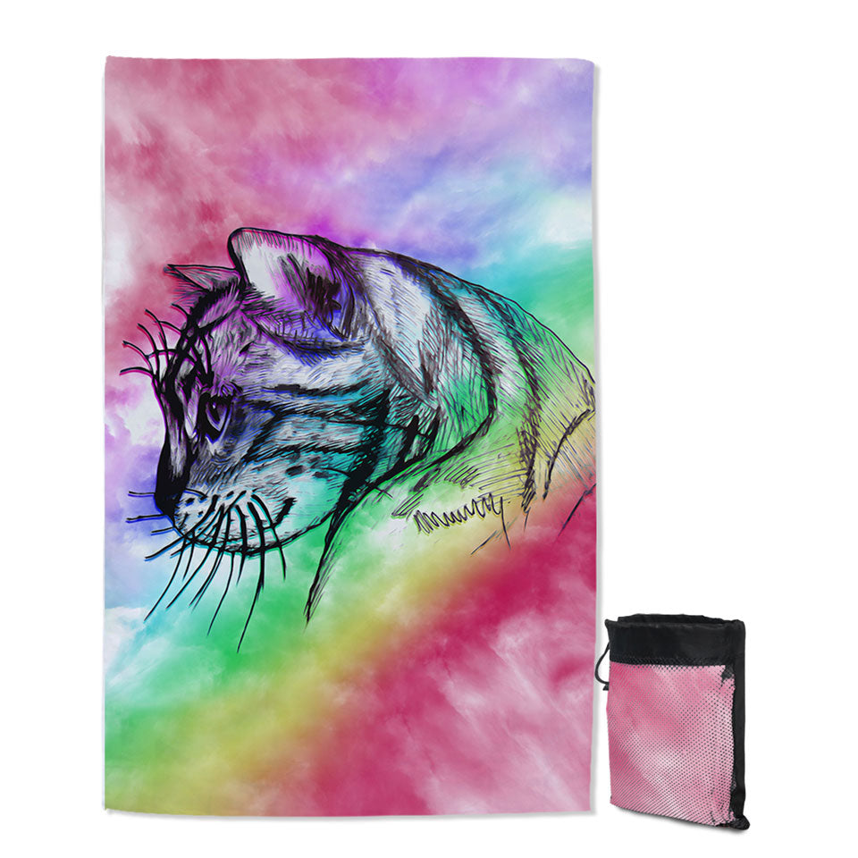 Cat Beach Towel for Travel Art Cat Drawing over Rainbow Fog