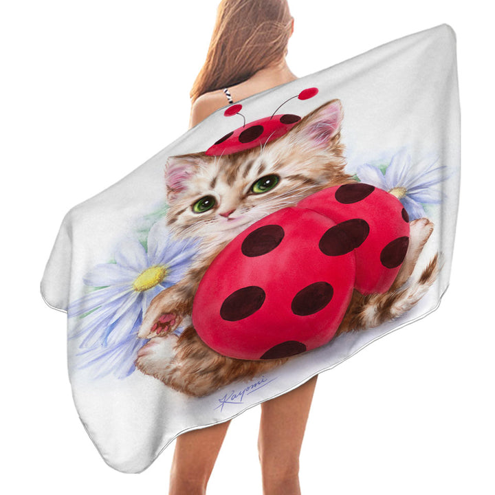 Cat Beach Towels for Kids Daisy Flowers and Ladybug Kitten