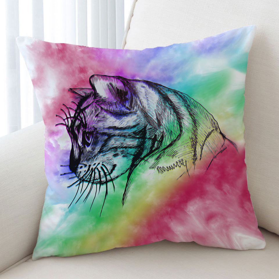 Cat Cushion Covers Art Cat Drawing over Rainbow Fog