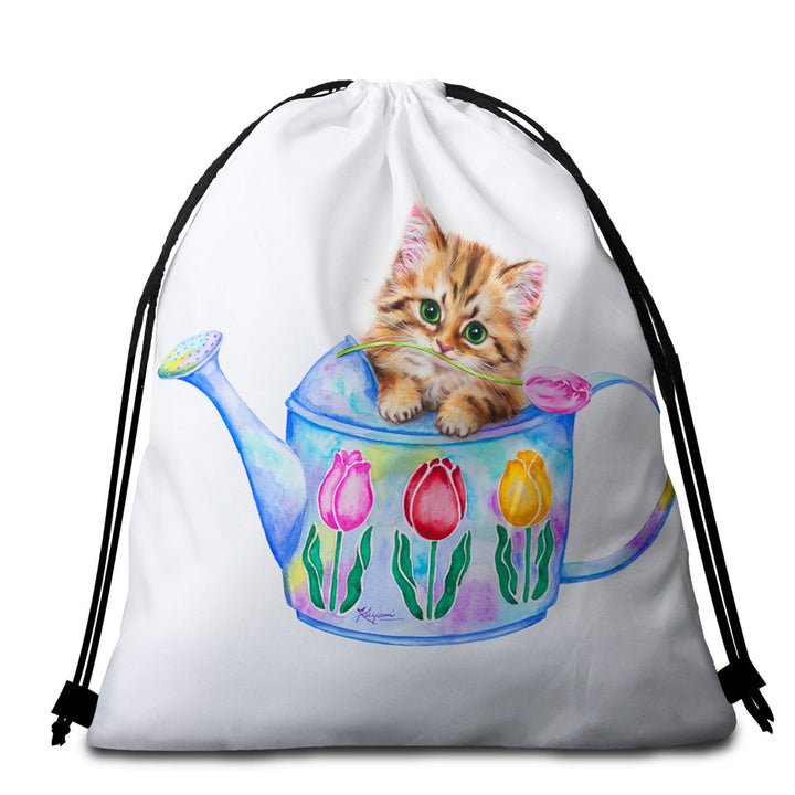 Cat Drawing Beach Bags and Towels for Kids Tulips and Kitten