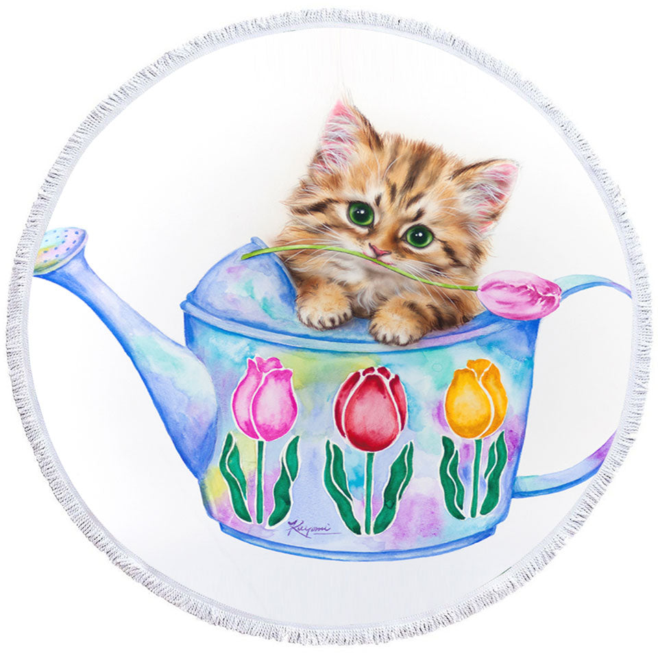 Cat Drawing Beach Towel for Kids Tulips and Kitten