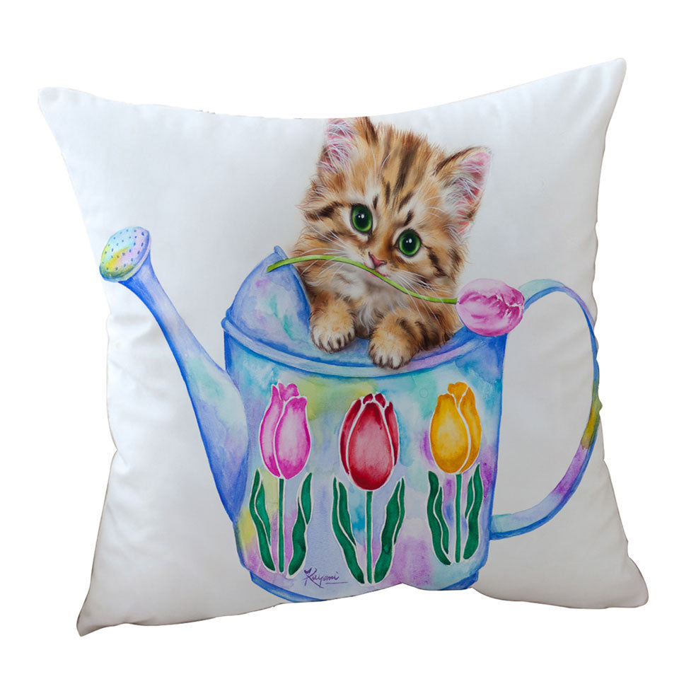 Cat Drawing Cushion Cover for Kids Tulips and Kitten