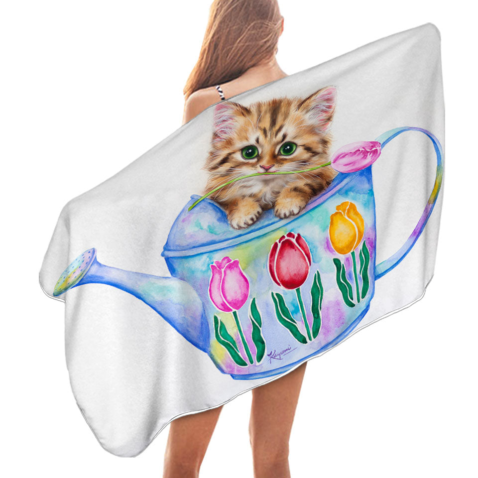 Cat Drawing Pool Towels for Kids Tulips and Kitten