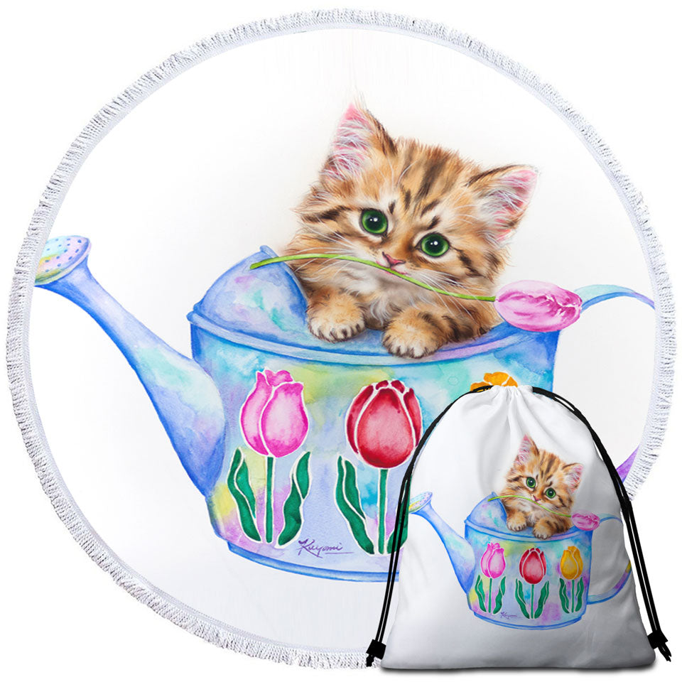 Cat Drawing Round Beach Towel for Kids Tulips and Kitten