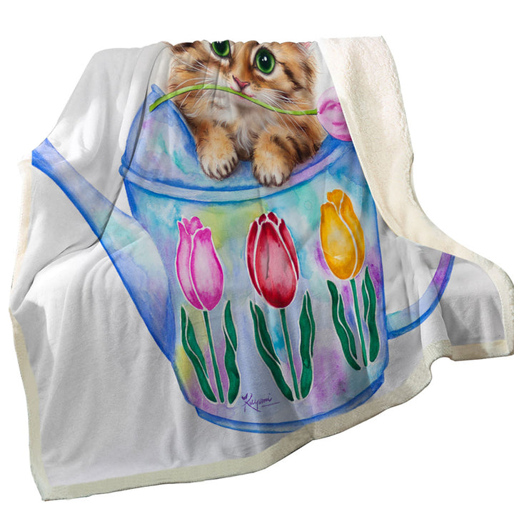 Cat Drawing Sherpa Blanket for Kids Tulips and Kitten