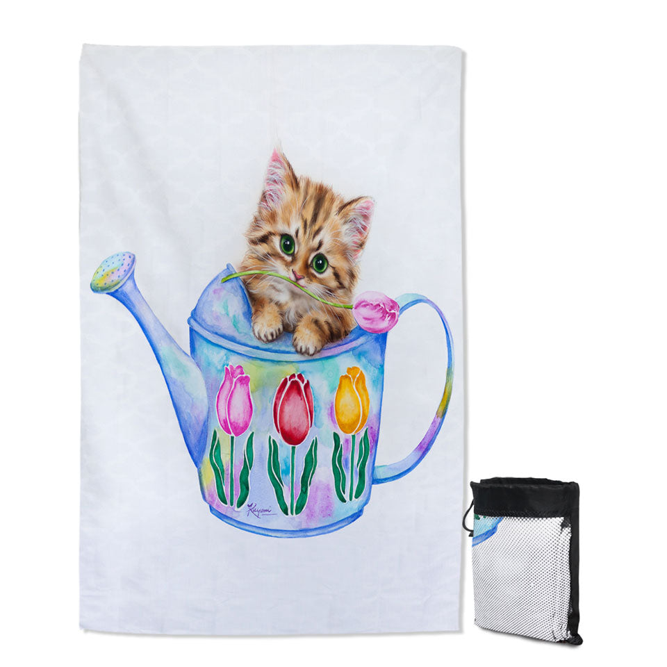 Cat Drawing Swimming Towels for Kids Tulips and Kitten