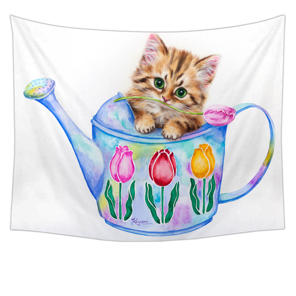 Cat Drawing Tapestry for Kids Tulips and Kitten