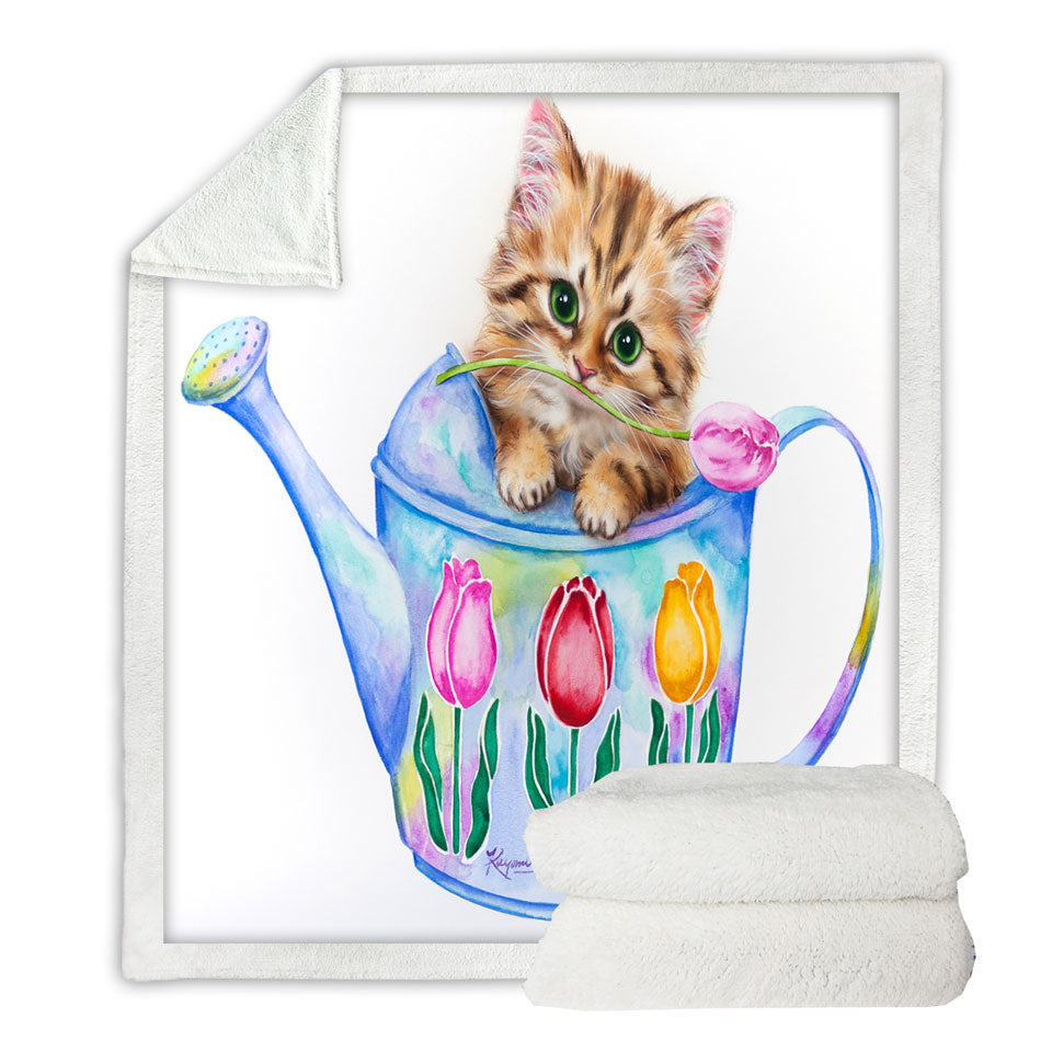 Cat Drawing Throw Blanket for Kids Tulips and Kitten