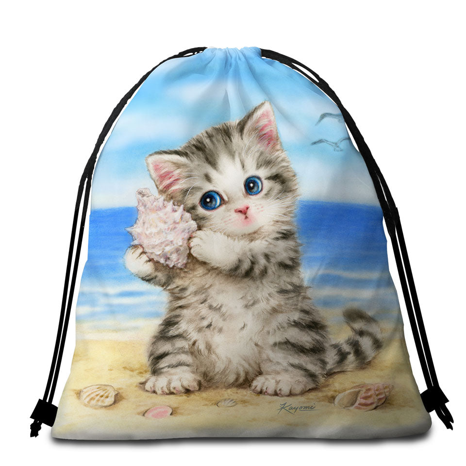 Cat Drawings Cute Beach Towel Pack Grey Kitten at the Beach