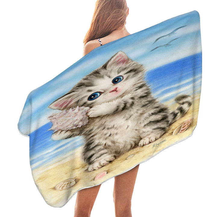 Cat Drawings Cute Beach Towels Grey Kitten at the Beach