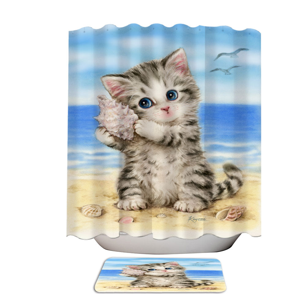 Cat Drawings Cute Fabric Shower Curtains Grey Kitten at the Beach